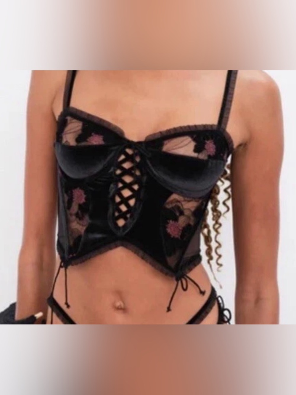 For Love And Lemons Black Lace-Up Velvet Bustier with Pink Floral Embroidery